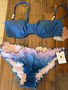 Shade & Shore Blue and Pink Ombre Ruffle Bikini set